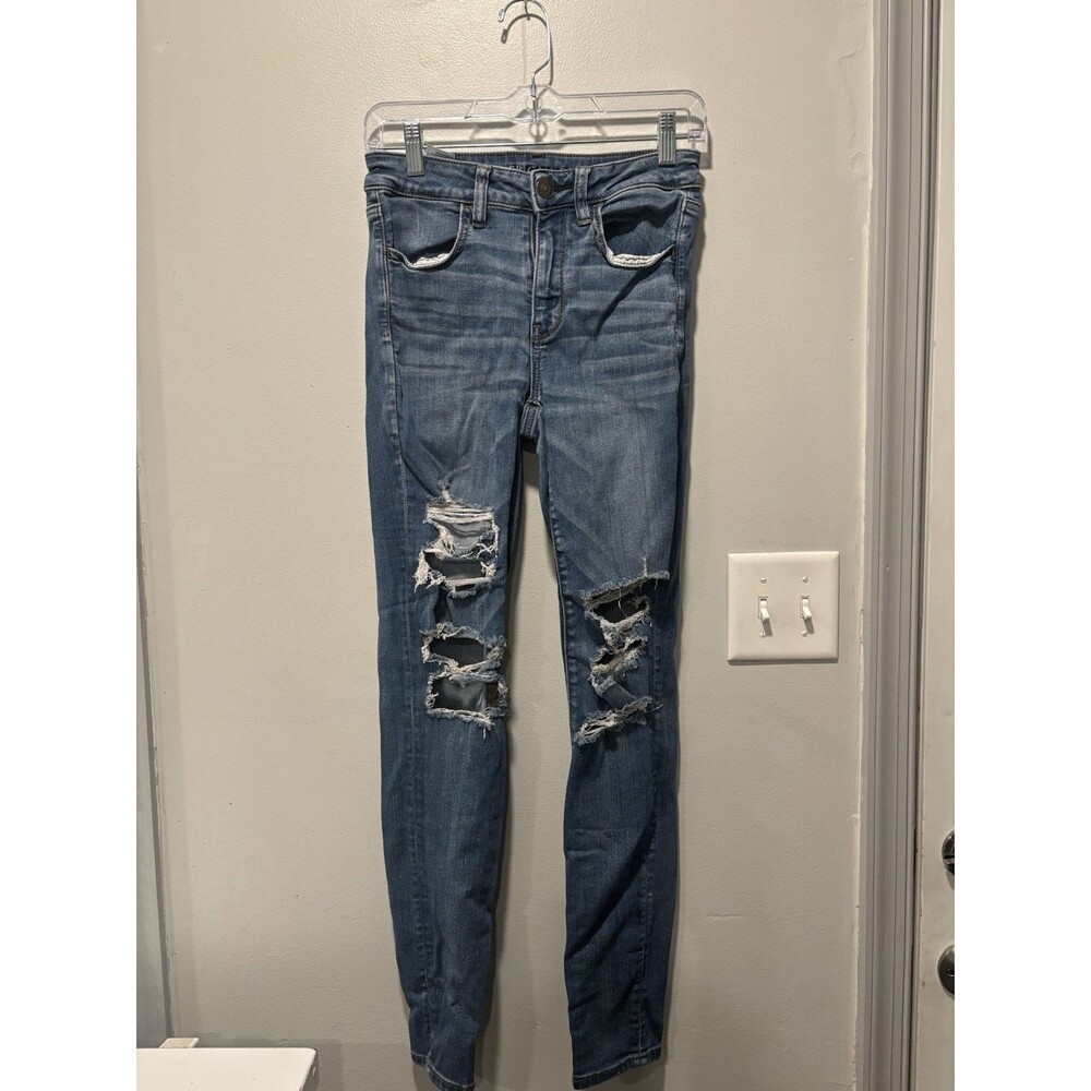 American Eagle Next Level Stretch Hi Rise Jegging Medium Wash Blue Distressed 6